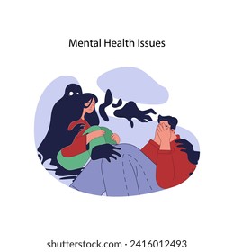 Mental health issues concept. Man and woman overwhelmed by dark shadows, symbolizing inner struggles and emotional turmoil. Facing unseen challenges of mental well-being. Flat vector illustration