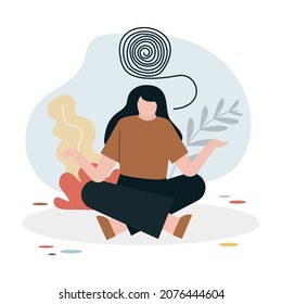 Mental health issues. Female character untangled mind. Cartoon woman with confused thoughts sitting in lotus position. Calm guy with psychological problems and emotional stability. Vector illustration