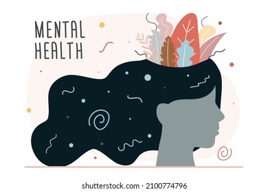 Mental health issues. Female head with untangled mind. Cartoon woman with good and stable mental state and thoughts. Girl head with psychological problems and emotional stability. Vector illustration