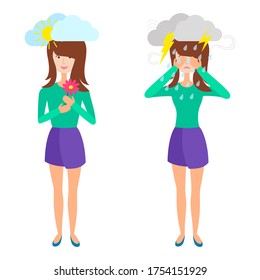 Mental health issues of human. Mood swings therapy. Vector illustration of happy and sad woman isolated on white background. Brain climate