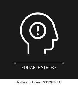 Mental health issues pixel perfect white linear ui icon for dark theme. Stress and anxiety. Vector line pictogram. Isolated user interface symbol for night mode. Editable stroke. Arial font used