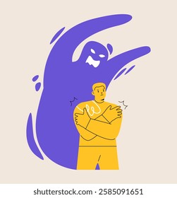 Mental health issues, psychology concept. Man having a panic attack, an imaginary monster shadow silhouette. Colorful vector illustration
