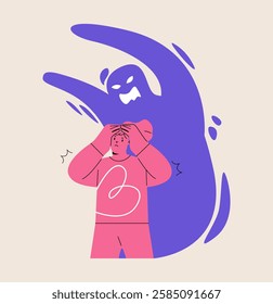 Mental health issues, psychology concept. Woman having a panic attack, an imaginary monster shadow silhouette. Colorful vector illustration
