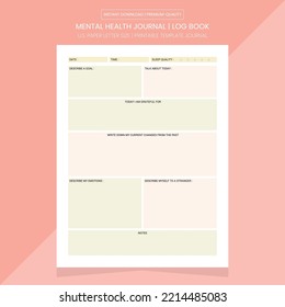 Mental Health Journal | Mental Health Log Book | Mental Health Note Book | Mental Health Workbook | Printable Template