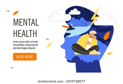 Mental health landing page. Man sitting inside head silhouette. Rain at mind, dark and bad mood. Depression and frustration, loneliness. Poster or banner. Cartoon flat vector illustration