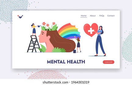 Mental Health Landing Page Template. Tiny Women Characters Watering Flowers and Painting Rainbow at Huge Female Head. Support, Healthy Mind, Positive Thinking. Cartoon People Vector Illustration