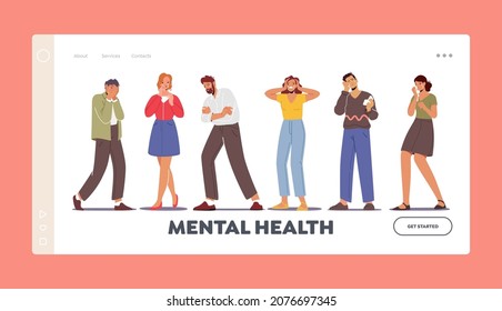 Mental Health Landing Page Template. Crying Characters Express Negative Emotions, Upset Men and Women with Tears Pouring Down, Bad Mood, Grief, Sadness Feelings. Cartoon People Vector Illustration