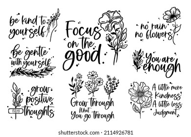 Mental Health lettering quotes Vector illustration, Self-care saying, Positive motivational affirmations, Floral women mindful phrases Inspirational clipart