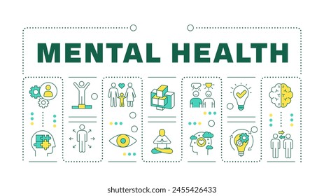 Mental health light purple word concept isolated on white. Social connections. Mindfulness meditation. Creative illustration banner surrounded by editable line colorful icons. Hubot Sans font used