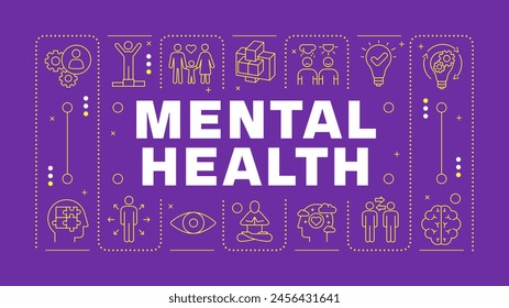 Mental health light purple word concept. Social connections, relationships. Mindfulness meditation. Horizontal vector image. Headline text surrounded by editable outline icons