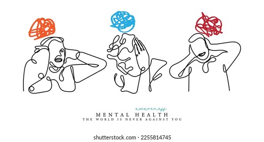 Mental health line art vector. Mental health awareness. Hysteria and help concept.