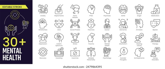 Mental Health Line Editable Icon collections. Vector illustration in modern thin line style of medical icons: components of a healthy lifestyle and mental balance. Stroke icon collection Outline icon