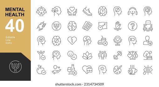 Conjunto de iconos editables de la línea de salud mental. Ilustración vectorial en el estilo moderno de línea delgada de los iconos médicos:  componentes de un estilo de vida saludable y equilibrio mental. Pictogramas e infografías