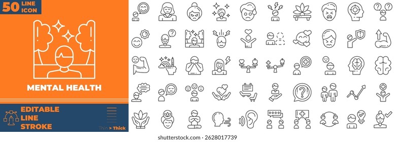 Mental Health Line Editable Icons set. Vector illustration in modern thin line style of mental health icons:  healthcare, cosmetics, spa, etc