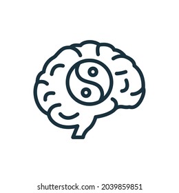 Mental Health Line Icon. Brain and Yin Yan Sign. Positive Mind Wellbeing Concept Linear Pictogram. Human Mental Health Development and Care Outline Icon. Editable Stroke. Isolated Vector Illustration.