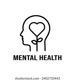 Mental Health Line Icon. Positive Mind Wellbeing Concept Linear Pictogram. Human Mental Health Development and Care Outline Icon. Editable Stroke. Isolated Vector Illustration.