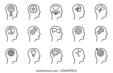 Mental Health Line Icon Set. Emotional Support, Inspiration, Opportunity Linear Pictogram. Psychology Therapy Outline Sign. Intellectual Process Symbol. Editable Stroke. Isolated Vector Illustration.