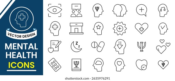 Mental health line icon set collection. Editable line icons of psychology related like  mental disorders, therapy, human health, emotions, and more. Vector illustration.
