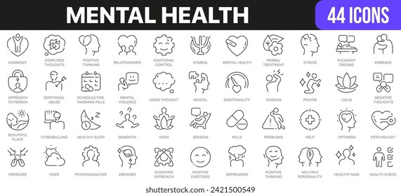 Mental health line icons collection. UI icon set in a flat design. Excellent signed icon collection. Thin outline icons pack. Vector illustration EPS10