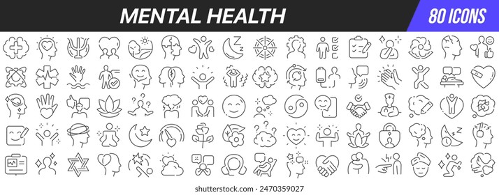 Mental health line icons collection. Big UI icon set in a flat design. Thin outline icons pack. Vector illustration EPS10