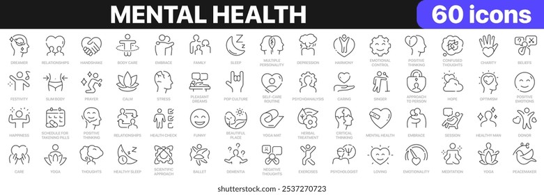 Coleção de ícones de linha de saúde mental. Psicologia, harmonia, estresse, otimismo, ícones calmos. Ícone de IU definido. Pacote fino de ícones de estrutura de tópicos. Ilustração vetorial EPS10