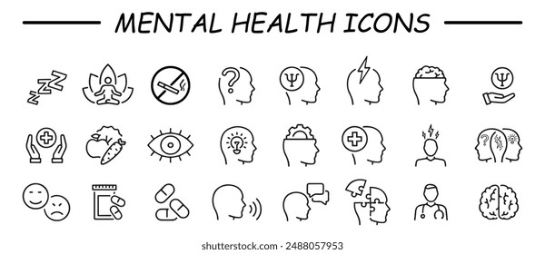 Conjunto de iconos de la línea de salud mental. Ilustración vectorial en el estilo moderno de línea delgada de íconos médicos: componentes de un estilo de vida saludable y equilibrio mental.