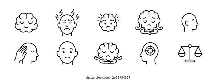 Mental health linear icon set - calm, stress, emotional well-being symbols
