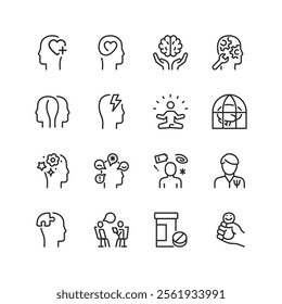 Mental Health, linear style icon set. Psychological well-being, therapy, and emotional support. Brain, mindfulness, counseling, and medication. Mental care and awareness. Editable stroke width.