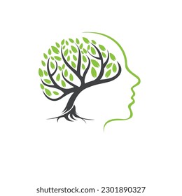 Mental Health logo with brain and green leaves. Mental Wellness Logo and Icon.  Vector Illustration.