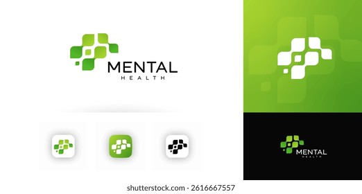 Mental health logo design. Abstract green symbol of brain, support, care for clinic, counseling center, wellness app, digital therapy brand. Modern clean vector illustration.