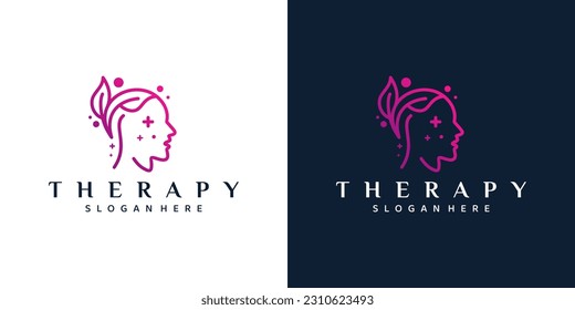 Mental health logo design. Psychotherapy symbol concept. Human head with natural therapy mind graphic design vector illustration.