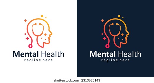 Mental health logo design. Psychotherapy symbol concept. Human head with stethoscope graphic design vector illustration.