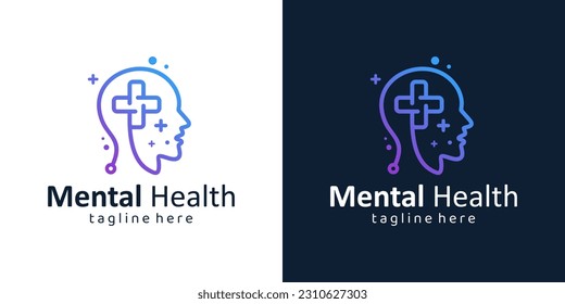 Mental health logo design. Psychotherapy symbol concept. Human head with Medical Cross graphic design vector illustration.