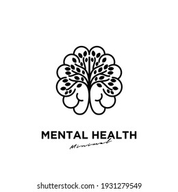 Mental health logo icon design with brain and leaf tree