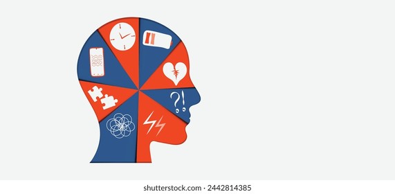 Salud mental, baja energía, caos. Dificultades en el trabajo, agotamiento emocional y estrés. Diseño de vector de corte de papel de concepto de gestión de tiempo pobre.