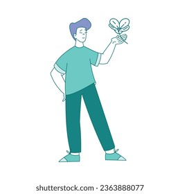 Mental Health with Man Character Standing with Flower in Hand Feeling Happiness and Harmony Vector Illustration
