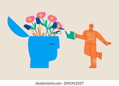 Saúde mental. Homem regando flores na cabeça. Conceito de psicoterapia. Ilustração vetorial colorida
