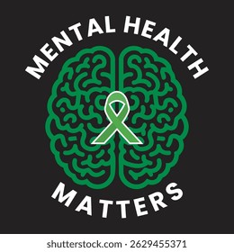 Mental health matters background with simple line drawing of a brain and a green ribbon