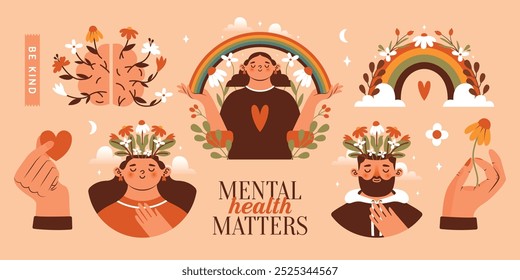 Mental health matters. Collection of naive isolated illustrations with abstract person, woman, man. Flowers and plants growing from head and brain. Hands holding rainbow, heart and flower. 