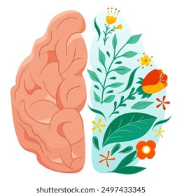 La salud mental es importante. Salud, cerebro medio azul con flores y hojas, plantas, calma, tranquilidad, serenidad, psicoterapia, pensamientos puros, cuidado personal, psicología, psique, resolución de problemas