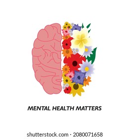 Mental health matters sign, symbol, poster, banner with brain and flower vector illustration