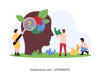 Mental health, medical support in brain disorders of patient, memory loss and dementia. Tiny people study puzzle inside silhouette of human head, help to find lost piece cartoon vector illustration