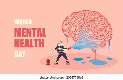 Mental health medical treatment concept vector illustration. A tiny firefighter squirts water on the brain to clean it from negative thoughts. World mental health day.