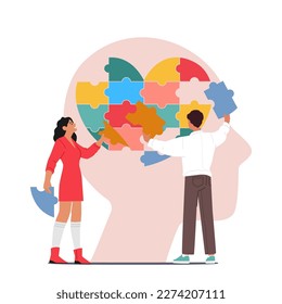 Mental Health Medical Treatment Concept. Psychology Specialist Doctors Characters Work Together To Fix Brain Puzzle in Huge Head. World Mental Health Day Theme. Cartoon People Vector Illustration