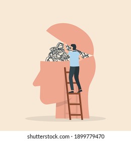 Mental health medical treatment. Humans head silhouette with messy lines of thinks. Mental disorder icon. Vector illustration.