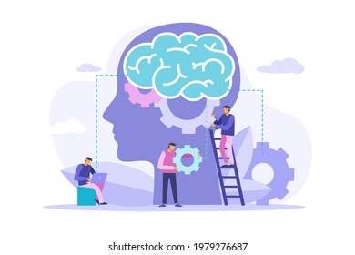 Mental health medical treatment. Mentality healthcare and medical therapies prevention mental problem concept. Support, help with mental problem with laptop. Vector flat illustration.