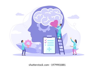 Mental health medical treatment. Mentality healthcare and medical therapies prevention mental problem concept. Support, help with mental problem. Vector flat illustration for banner, poster, landing