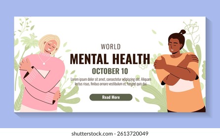 Mental health medical treatment. Support, help with mental problem. Vector flat illustration for banner, poster, landing. People hugs themselves