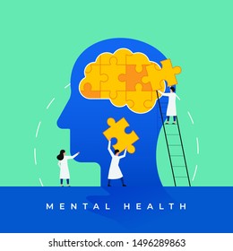 Mental Health Medical Treatment Vector Illustration. Psychology Specialist Doctor Work Together To Fix Brain Puzzle Head For World Mental Health Day Concept Poster Background. Tiny People Design Style
