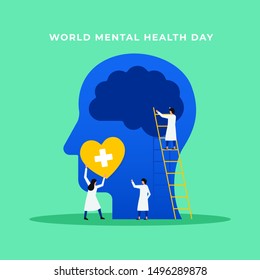 Mental health medical treatment vector illustration. specialist doctor work together to give psychology love therapy for world mental health day concept poster background. Tiny people design style. - Shutterstock ID 1496289878